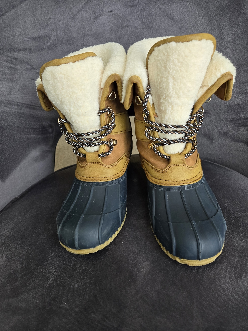 Tommy Hilfiger Black and Tan Waterproof Winter Boots with Shearling Cuff